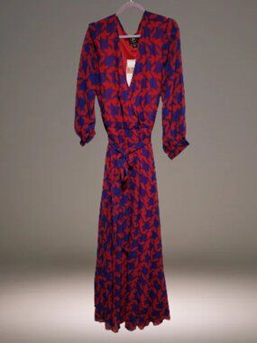 Studio EY Women’s Plus 2X Red Royal Blue Faux Wrap Tie Waist Maxi Dress NWT